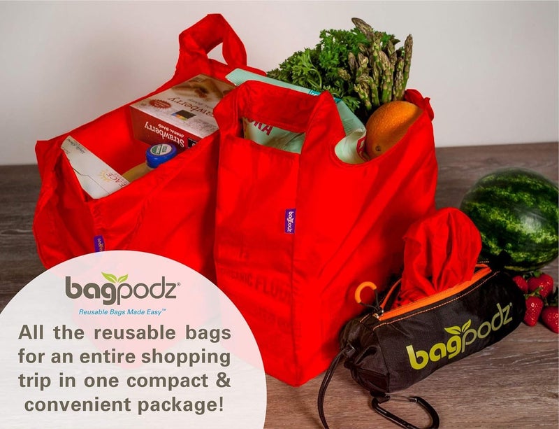 BagPodz Sturdy Reusable Grocery Bags Foldable and Washable - Made From RipStop Nylon Hold 50lbs - Designed in USA Reusable Shopping Bags Inside a Compact Pod with Carry Clip - 5 Pack in Red - Image 4